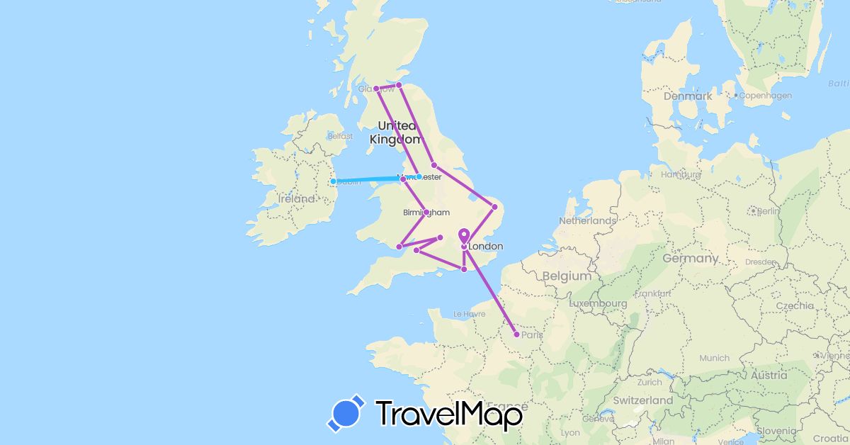 TravelMap itinerary: driving, train, boat in France, United Kingdom, Ireland (Europe)